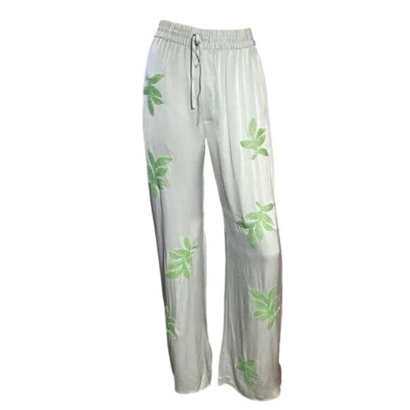 Zara Blue Satin Leaf Beaded Drawstring Waistband Wide Leg Pants - Picture 6 of 8